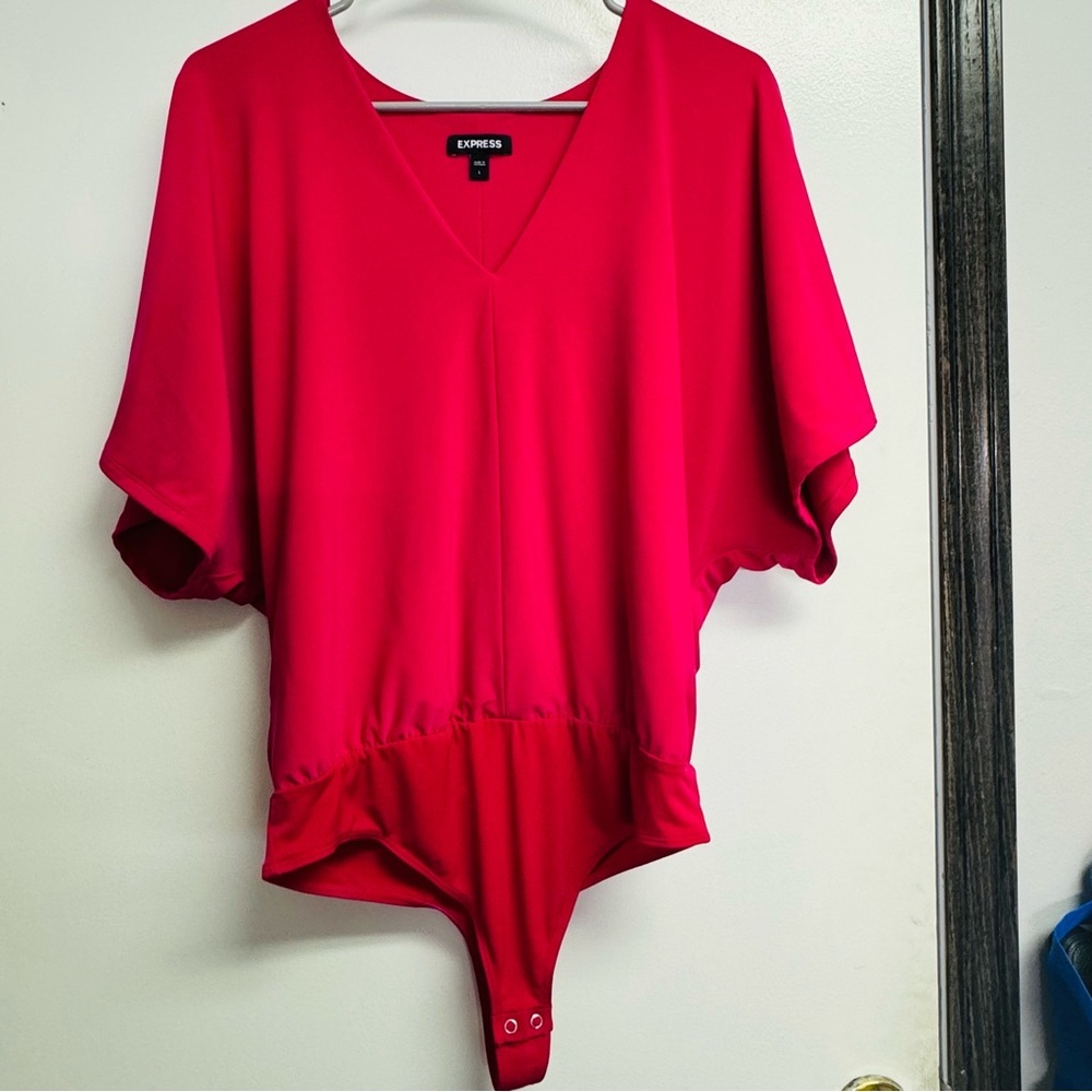 Womens Express Pink Bodysuit Top Shirt Short Sleeve V-Neck Lined Casual Sz L